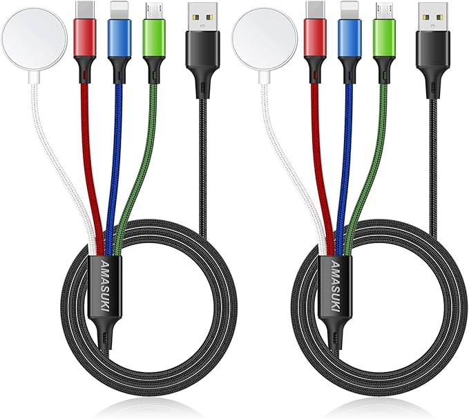 2Pack Multi Charging Cable for Apple Watch Charger 4 in 1 Travel Essentials Camping Essentials USB C/L/Micro Port Compatible with iWatch Series 10-1/iPhone 16/15/Galaxy Android-4FT