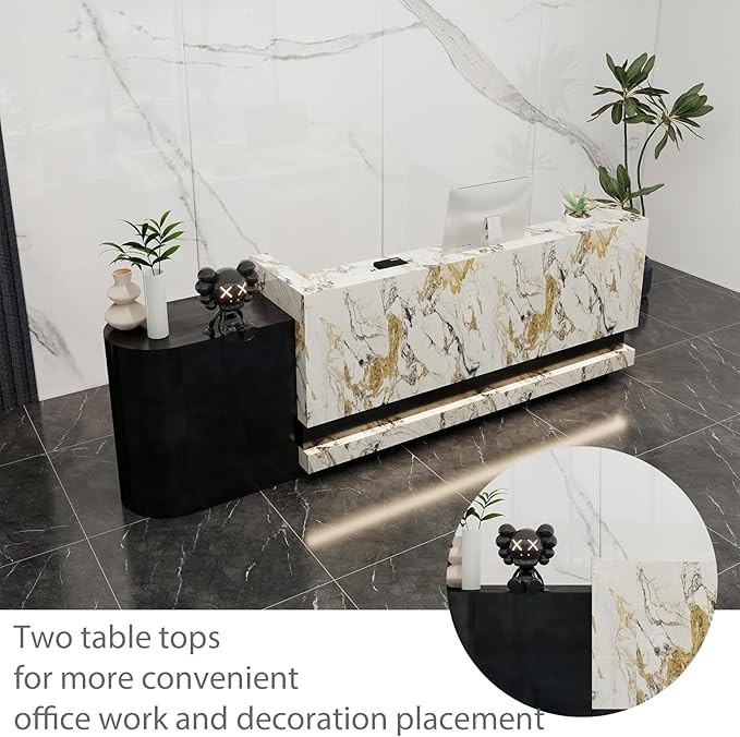 Front Desk Reception Counter - Lockable Storage & Keyboard Tray | Reception Desk with Counter, Customizable Large Counter Table (Black+White, 116'')