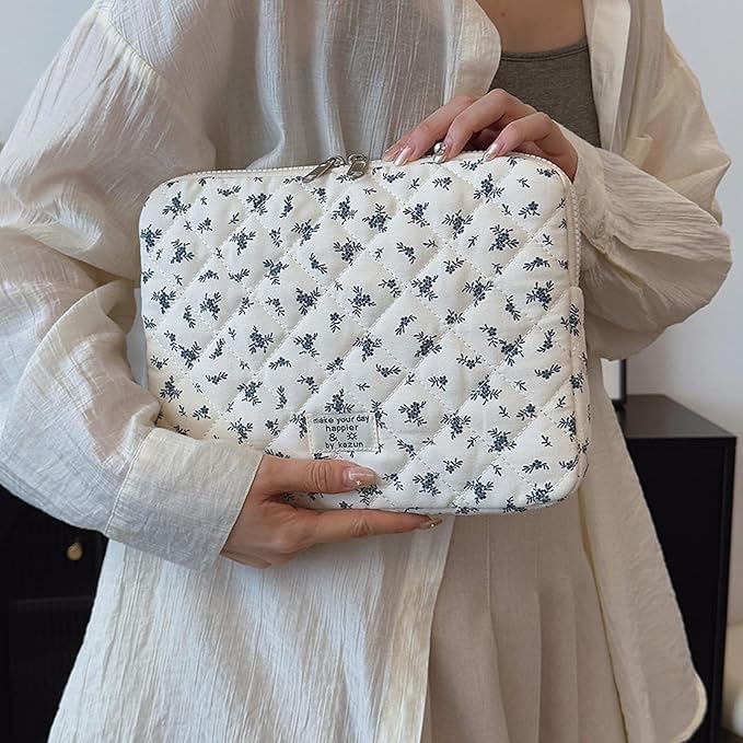 Puffy Laptop Sleeve 13-15.6 Inch Cute Quilted Laptop Protective Case Padded Floral Computer Sleeve for MacBook (A-Light Blue, 11 Inch)