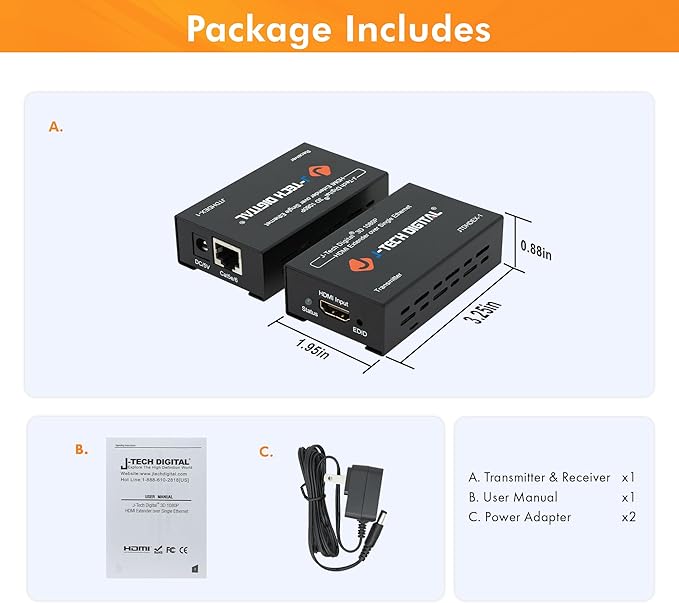 J-Tech Digital HDMI Extender over cat5e/6 1080P@200ft HDMI Balun Over Single Ethernet Supports EDID Copy Compatible with Dolby Digital DTS