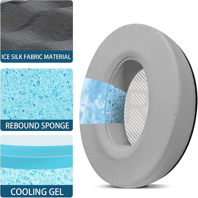 Full Cooling Gel Replacement Earpads for Bose Quiet Comfort QC35 Headphones Ear Pads Cushions with Breathable Ice Silk Fabric, High-Density Noise Cancelling Foam - Gray