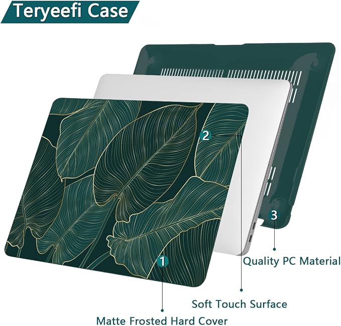Teryeefi Hard Shell Case + Keyboard Cover + Screen Protector for MacBook Air 13 inch M1, Green Leaf