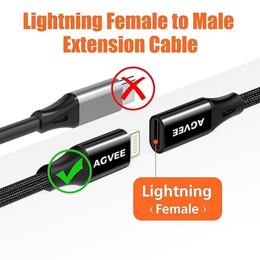 AGVEE 2 Pack 1ft Lightning Extension Cable, Braided Female to Male Extender Full Function Cord Compatible with iPhone iPad, Data Sync Video Audio & Charging Connector Adapter, Black