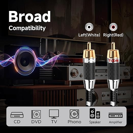 TODN RCA Cables Audiophile Male to Male Stereo Shielded HiFi OFC Car Audio RCA Cable for Sub, Amp, Phono (3ft/1m, 1 Pair)
