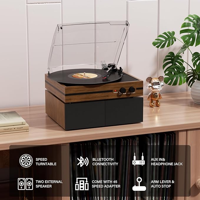 Vinyl Record Player with Dual Stereo Bookshelf Speakers Vintage Belt Drive Bluetooth Turntable with External Speakers,Convert Vinyl to MP3,LP Players AUX Headphone Input RCA Out,Brown