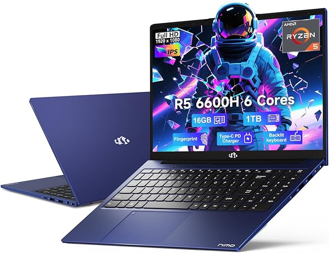 NIMO 15.6" IPS FHD-Gaming-Laptop, AMD Ryzen 5 6600H 6-Cores 660M GPU 16GB DDR5 RAM 1TB SSD(Beat i7-1165G7, Up to 4.5GHz) Computer with 100W GaN Type C Fingerprint Backlit Keyboard Win 11