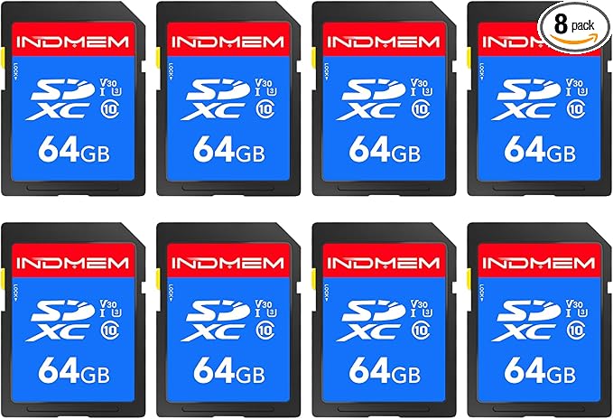 INDMEM SD Card 64GB 8-Pack, Class 10 64GB High Speed up to 90M/S Full HD Video Flash Memory Card MLC Standard Secure Digital Cards Camera Cards