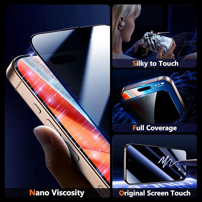 UniqueMe for iPhone 16 Pro Privacy Screen Protector - [Military Grade Shatterproof & 9H+ Hardness] Screen Protector 16 Pro Tempered Glass Full Coverage Protection, Easy to install, 2 Packs