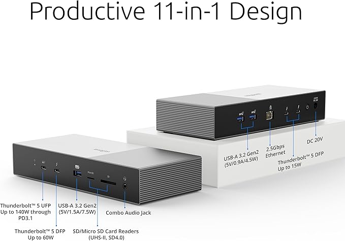 Kensington SD5000T5 Thunderbolt 5 Docking Station – Dual Display for MacBooks M1/M2/M3/M4 Pro and Max; Triple Display for Windows TB5; TB4 Compatible, 140W Power Delivery (K35201NA)