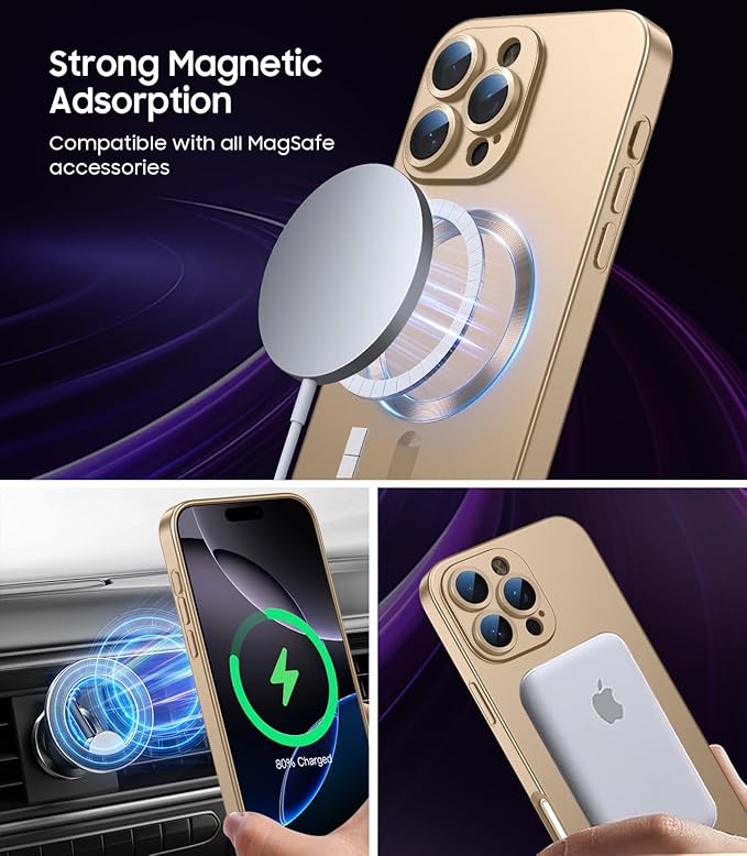 Magnetic for iPhone 16 Pro Max Case [Compatible with MagSafe][Built-in Camera Lens Protector] Slim Soft Silicone Bumper Shockproof Metallic Luster Phone Case (Gold)