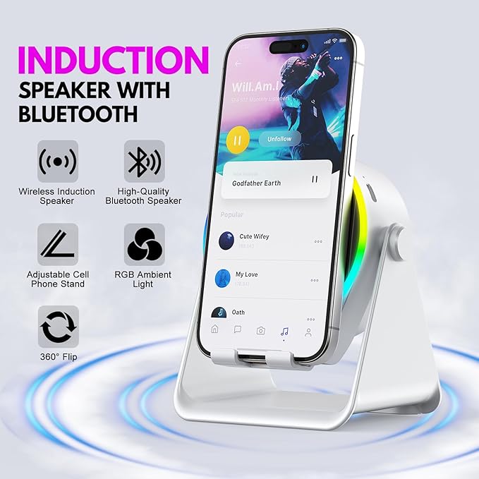 Wireless Induction Speaker, 4 in 1 Bluetooth Speaker Phone Stand with RGB Light, 360° Rotation Phone Holder Compatible with iPhone Android iPad Samsung Galaxy, Birthday Gift for Men Women