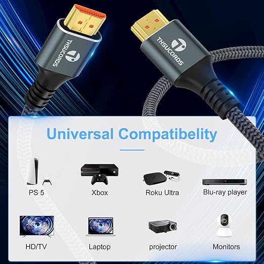 8K 4K HDMI Cable 3.3FT 2 Pack, High Speed Braided HDMI to HDMI 2.1 Cord Supports 8K@60Hz, 4K@120Hz 144Hz 48Gbps Compatible with Roku TV/PS5/HDTV/Blu-ray