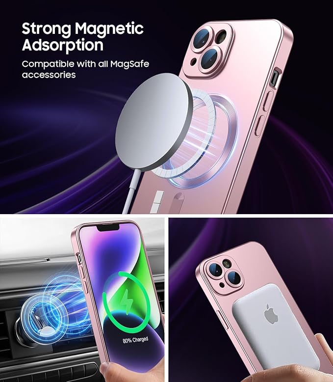 Magnetic for iPhone 14 Plus Case [Compatible with MagSafe][Built-in Camera Lens Protector] Slim Soft Silicone Bumper Shockproof Metallic Luster Phone Case (Rose Gold)
