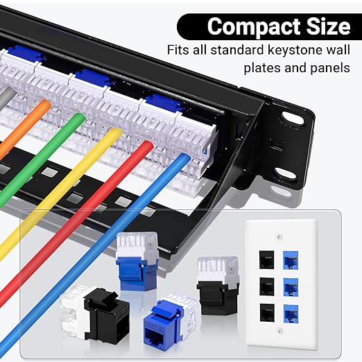 RJ45 Cat6 Keystone Jacks 25-Pack, Ethernet Keystone Jack, 180 Degree Punch-Down Cat 6 Keystone Jack Slim Profile for Wall Plates & Patch Panels – Blue