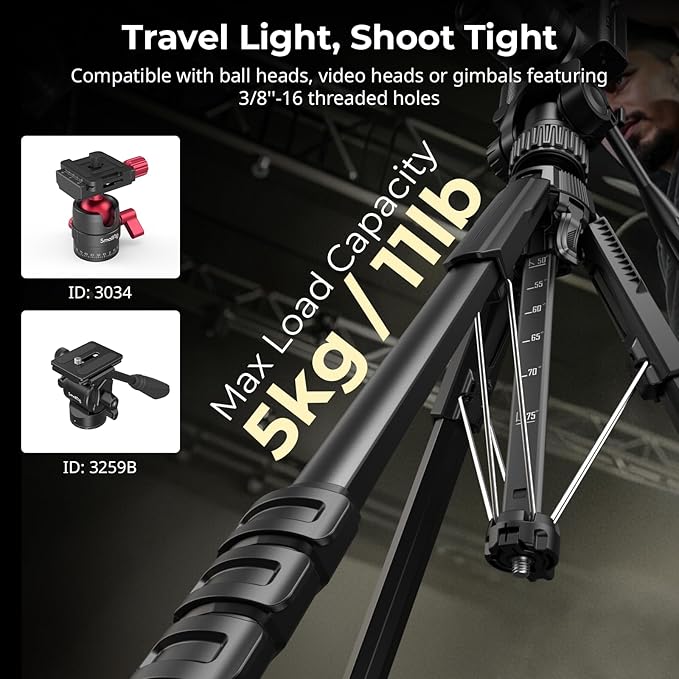 SmallRig 71" Camera Tripod Stand AP-21, Travel Tripod for iPhone, Camera and Smartphone Live Streaming Vlog, Portable Photo Tripods with Quick-Flip Lock Legs, Max Load 11lb