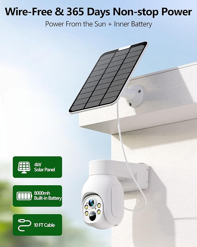 Camcamp Solar Security Cameras Wireless Outdoor, 2K Wireless Battery Security System with 10CH NVR & 500GB HDD, PTZ, Color Night Vision, IP66 Waterproof, Motion Alert, Work with Alexa, 0 Monthly Fee