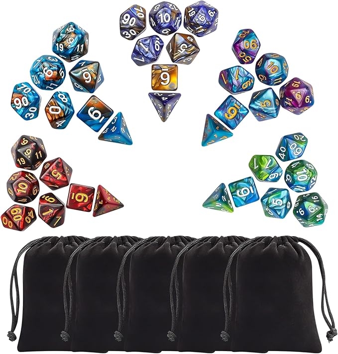 CiaraQ Polyhedral Dice Set (35 Pieces) with Black Pouches, 5 Complete Double-Colors Dice Sets of D4 D6 D8 D10 D% D12 D20 Compatible with Dungeons and Dragons DND RPG MTG Table Games