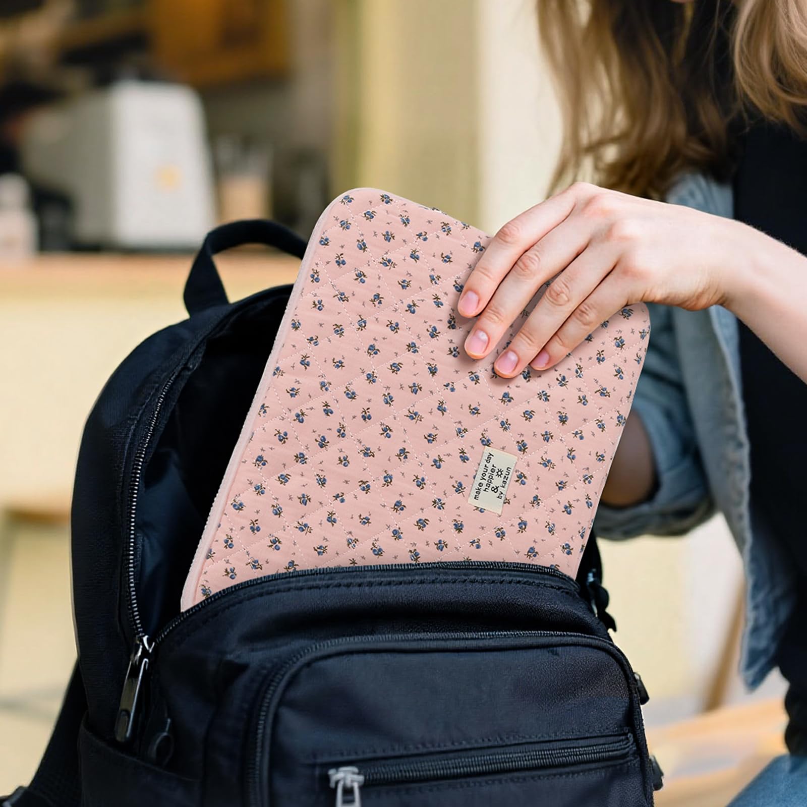 Puffy Laptop Sleeve 13-15.6 Inch Cute Quilted Laptop Protective Case Padded Floral Computer Sleeve for MacBook (A-Dark Pink, 15 Inch)