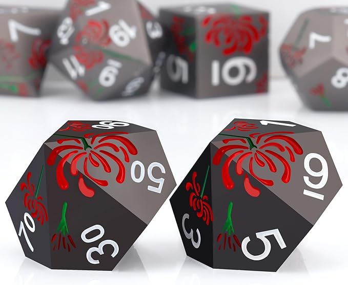 PJOY Metal Dice Set D&D Flower Dice Set DND Polyhedral Dice for RPG Role Playing Games Compatible with Dungeons and Dragons TTRPG Black Red White DND Dice