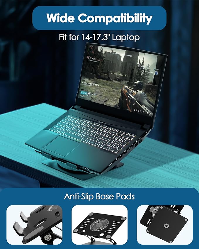 SHUWEI Gaming Laptop Cooling Pad with 360° Rotation Base, Ergonimic Aluminum Laptop Cooling Stand with 3 Speed Fan, Adjustable Height Laptop Cooling Pad for 10-17.3'' Notebook