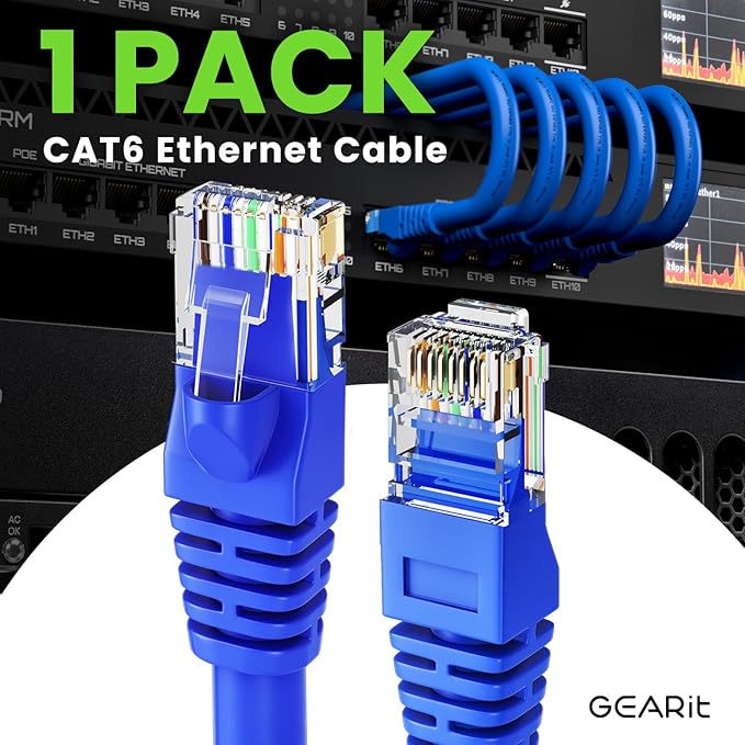 GEARit Cat 6 Ethernet Cable (1-Pack 75 Feet) Cat6 Network Patch, 10Gbps, RJ45, Snagless Cord, Gold-Plated Connectors, Internet for PC, TV, Tablet, Router, Printer, Servers, IT Data Center - Blue