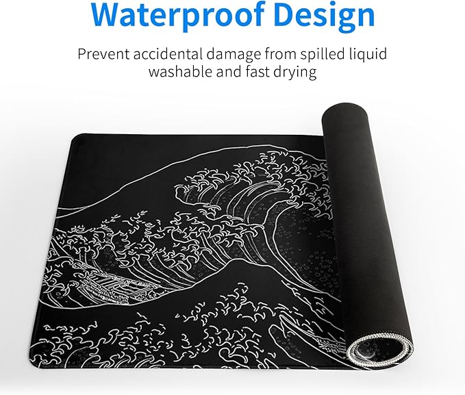 Japanese Gaming Mouse Pad Abstract Black Mouse Pad 31.5x11.8 Inch Black Sea Wave Texture Non-Slip Rubber Base Large Ocean Mousepad Stitched Edges Keyboard Mouse Mat Desk Pad for Office and Home