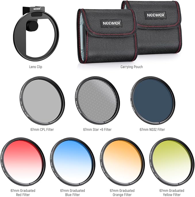 NEEWER Clip On 67mm Phone ND Filter Kit, Upgraded Lens Clip Cold Shoe Mount/Locking Knob, CPL/ND32/6 Point Star/4 Graduated Color Filter Compatible with iPhone 16 15 Pro Max Plus 14 13 Samsung S23 S24