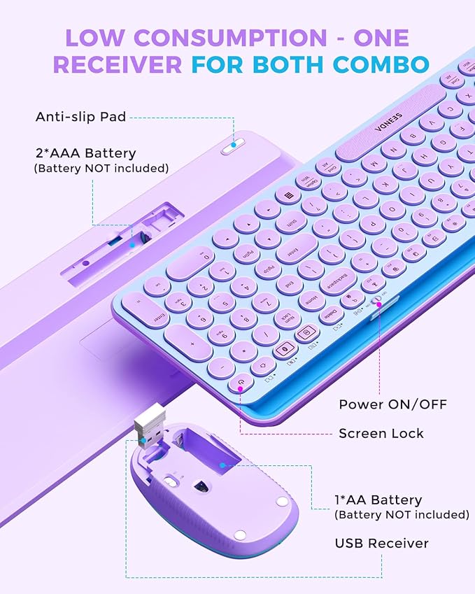 seenda Bluetooth Keyboard and Mouse for iPad, CTU-301 Multi-Device Bluetooth + 2.4G Wireless Keyboard Mouse with Tablet Holder for MacBook/Windows Computer, iOS/Andriod Tablet Phone, Blue & Purple