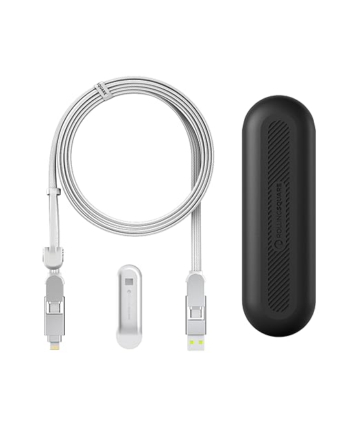 Rolling Square inCharge XL 200 cm - USB-C Cable, Universal Smartphone Cable, Gift for Men, 6-in-1 Universal Charger for Smartphones, Technical Gadget, White, Lightning Cable 100W