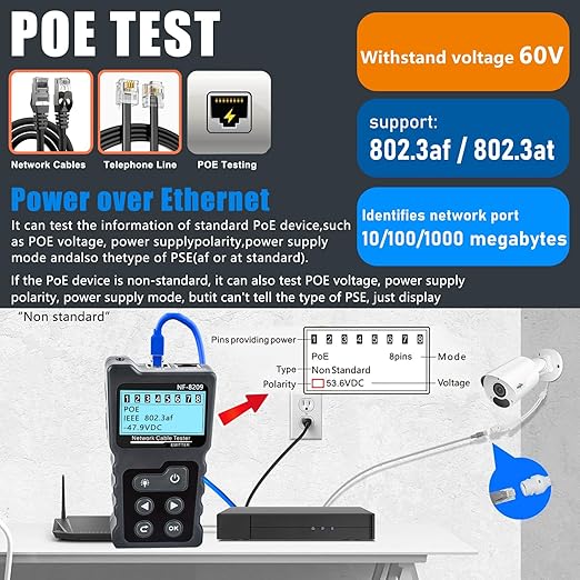 NF-8209 Network Cable Tester for POE Test/CAT5e/CAT6/CAT6a LAN Ethernet Wire Tracer,Detect Voltage Measure Fault Distance by TDR,Telephone Line Continuity Testing and Length Measurement