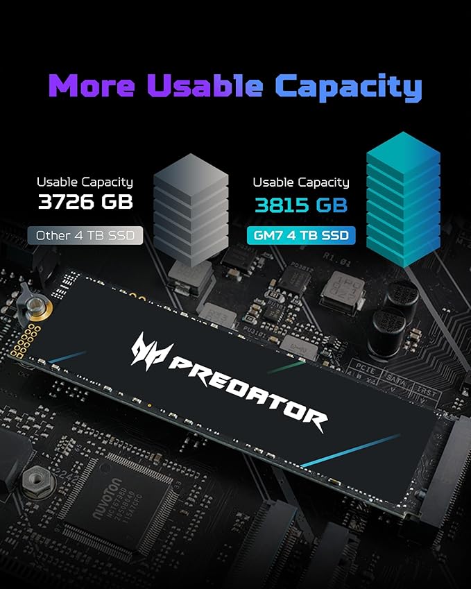 acer Predator GM7 1TB SSD: M.2 2280 PCIe Gen 4 x4 NVMe 2.0, Read Speed Up to 7400 MB/s, Internal PC Solid State Drive for Laptop, Desktop and PS5