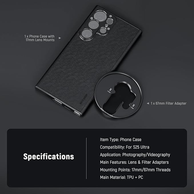 NEEWER S25 Ultra Case, Protective Faux Leather Phone Case with 17mm Lens Mounts & 67mm Filter Adapter for Video Recording, Compatible with Samsung Galaxy S25 Ultra MagSafe Charging, PA092 Black