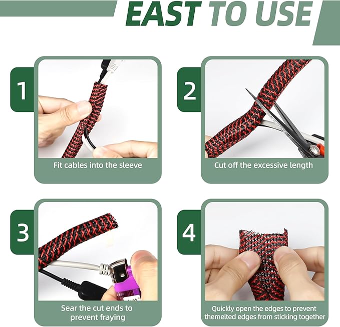 Split Wire Loom Tubing, Cable Protector Sleeve, Braided Cable Management for TV/Computer/Home Theater/Engine Bay, Cord Protectors from Pets No Chew (Red and Black, 1"-10ft)