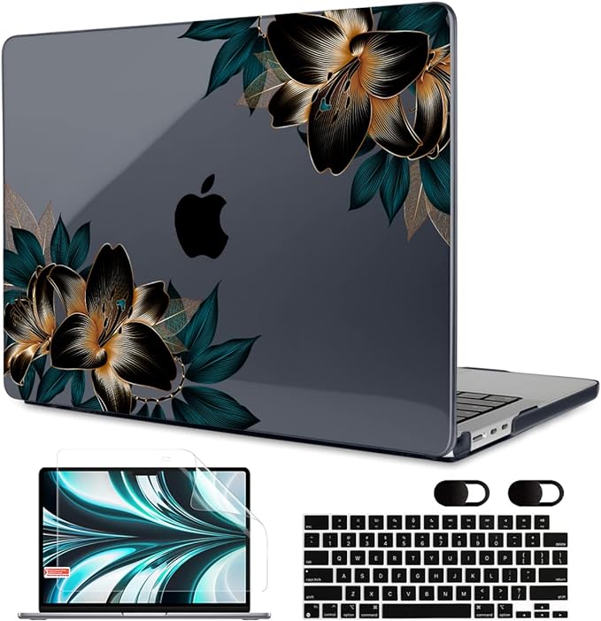 MEEgoodo Case for MacBook Air M4/M3/M2 13.6 inch 2025 2024 2022, Fit Model A3240 A3113 A2681, Compatible with MacBook Air 13 inch, Laptop Hard Shell Case with Keyboard Cover, Golden Lilies