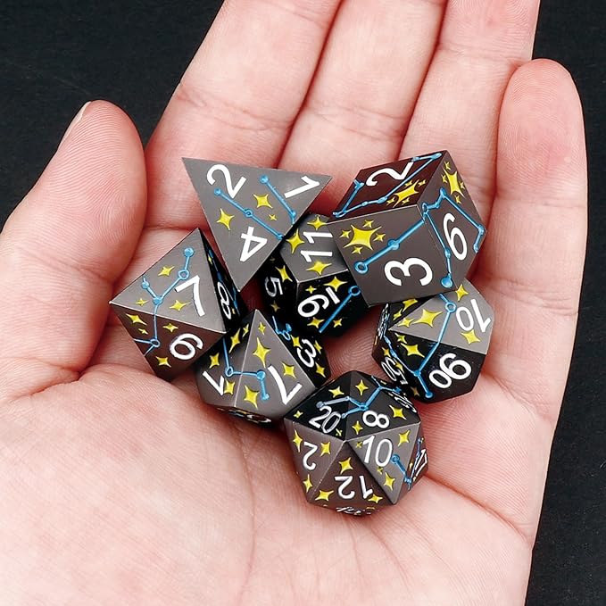 PJOY Metal Dice Set D&D Star DND Dice Set Polyhedral Dice for RPG Role Playing Games Dungeons and Dragons TTRPG Black Yellow Blue DND Dice for DND Gamers