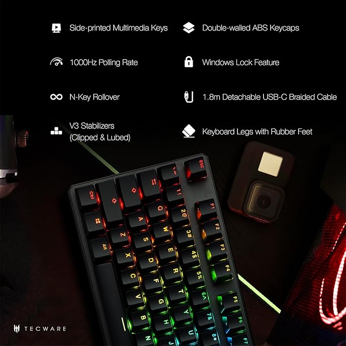 TECWARE Phantom+ 87 Key Mechanical Gaming Keyboard, RGB led, TKL 75% Keyboard, Thocky Sounding, Wraith Orange Switch