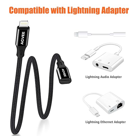 AGVEE 2 Pack 3.3ft Lightning Extension Cable, Braided Female to Male Extender Full Function Cord Compatible with iPhone iPad, Data Sync Video Audio & Charging Connector Adapter, Black