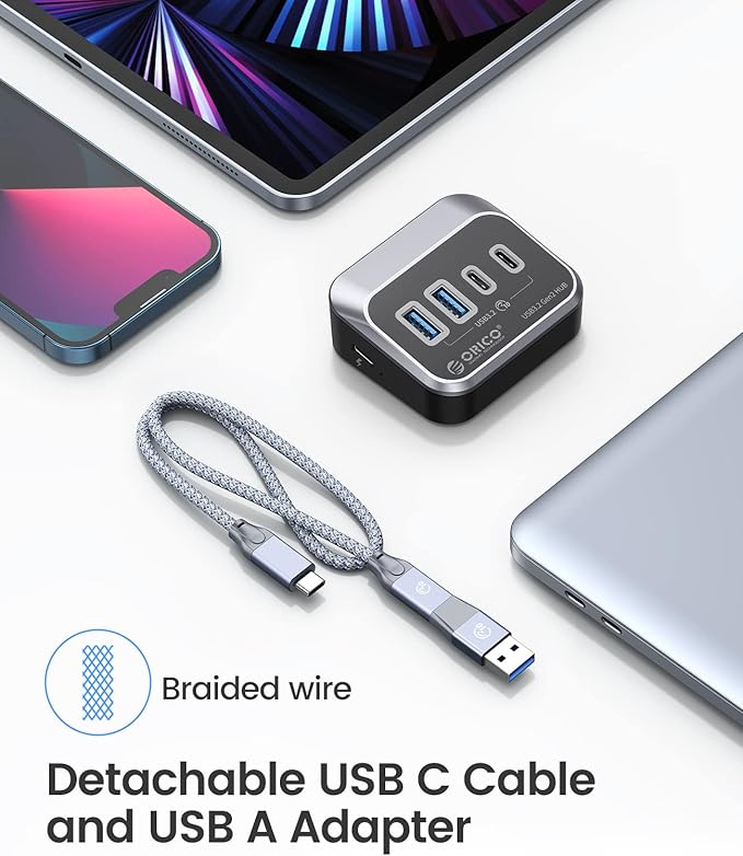 ORICO USB Hub 10Gbps with 2 USB A Ports+2 USB C Ports, USB 3.2 Gen 2 Hub with 1.64Ft USB-C Cable and USB-A Adapter USB Splitter for iMac, MacBooks, Mac Mini