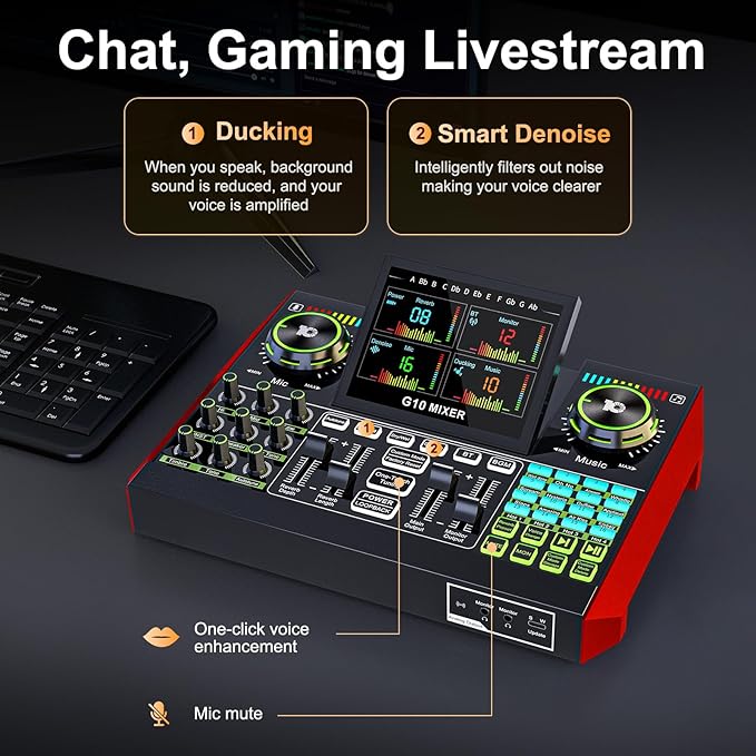 Audio Mixer, Sound Board for Pc/Phone Live Streaming Singing Gaming, Sound Mixer for 3.5mm/Xlr Dynamic/48V Microphone, Live Sound Card with DJ Mixer Effects & Voice Changer, Denoise, One Click Mute