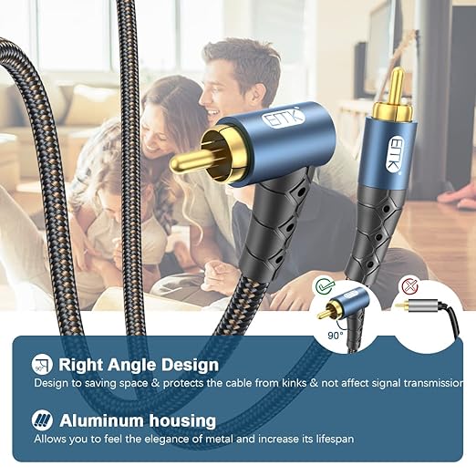 EMK RCA Subwoofer Cable 90 Degree RCA to RCA Audio Cable 24K Gold-Plated Nylon Braided Double Shielded Digital Analogue Supports Amplifiers,Home Theater,Hi-Fi Systems,Subwoofer(30ft/10m)