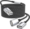 Durable USB A Male to 2 Female Extension Cord - Nylon Braided Splitter Cable for Printer, Keyboard, Flash Drive, Hard Drive, PlayStation