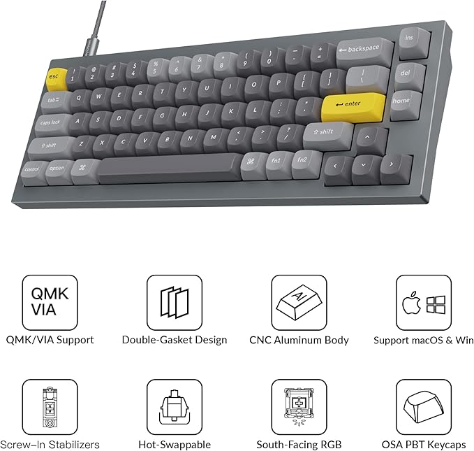 Keychron Q2 Wired Custom Mechanical Keyboard, QMK/VIA Programmable Macro, Full Aluminum, Hot-Swappable Gateron G Pro Blue Switch, 65% Layout Double Gasket Compatible with Mac and Windows - Grey