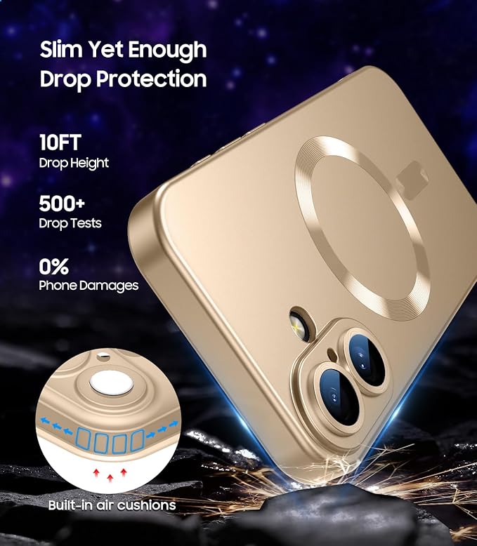 Magnetic for iPhone 16 Plus Case [Compatible with MagSafe][Built-in Camera Lens Protector] Slim Soft Silicone Bumper Shockproof Metallic Luster Phone Case (Gold)