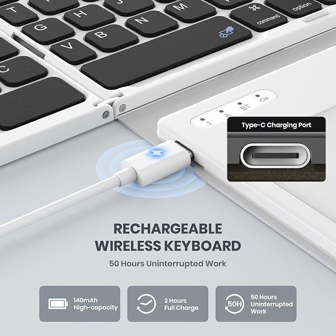 Foldable Bluetooth Keyboard, Portable Full Size Folding Keyboard with Large Touchpad, Numeric Keypad, PU Leather, Wireless TravelKeyboard for Windows iOS Android Mac(Black-White)