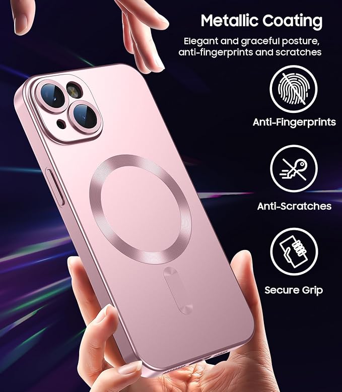 Magnetic for iPhone 14 Plus Case [Compatible with MagSafe][Built-in Camera Lens Protector] Slim Soft Silicone Bumper Shockproof Metallic Luster Phone Case (Rose Gold)