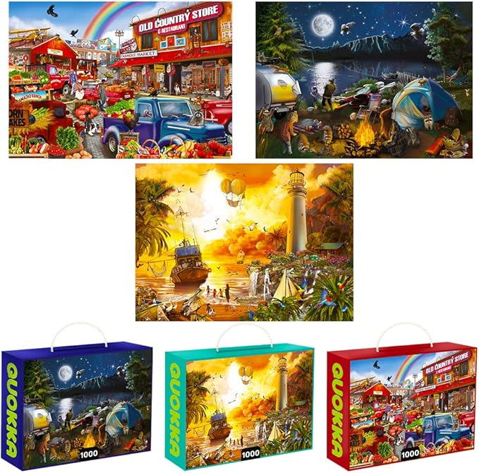 Quokka Puzzles for Adults 1000 Pieces and Up - 3 Pack of 1000 Piece Puzzles for Kids Ages 8-10-12 - Enjoy Market, Lighthouse and Camping Designs for Women and Men