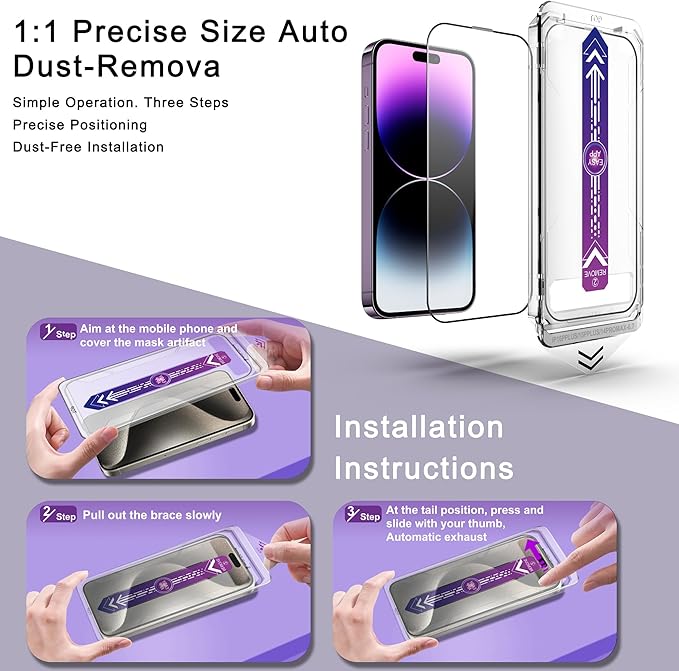 2 Pack Screen Protector for iPhone 14 Pro Max/iPhone 15 Plus/iPhone 16 Plus, 9H Tempered Glass, Full Coverage, Anti-Fingerprint, Auto Dust-Elimination, No Bubble, Easy Installation