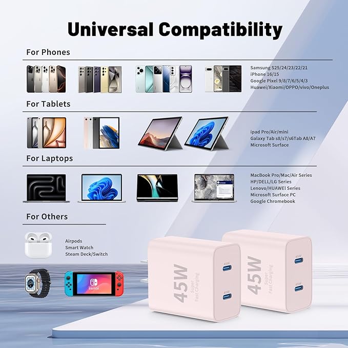 iPhone 16 15 Pro Max Charger Fast Charging,45W Dual Port USB C Fast Charger Block [2-Pack] & Extra Long 60W 3/6/10/10FT USB C Cable - PD Quick Adapter 3.0 for iPhone 16 15/16 15 Pro/16 15 Plus.