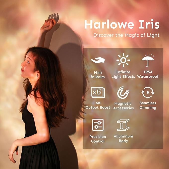 Harlowe Iris Content Creator Lighting Kit 5W Bi-Color Portable LED Light for Photography and Video Recording with Magic Lens, 2700K-6500K CRI/TLCI 96+, IP54, App Control on Camera Light Creator Kit