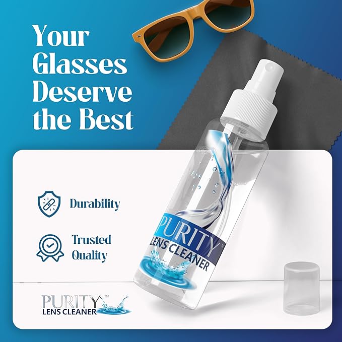 Purity Eyeglass Lens Cleaner Kit - 3 x 2oz Travel Size Lens Cleaner Spray Bottle + 2 Microfiber Cleaning Cloths - Safe for All Lenses (AR Coated Included), Eyeglasses and Screens - Clear